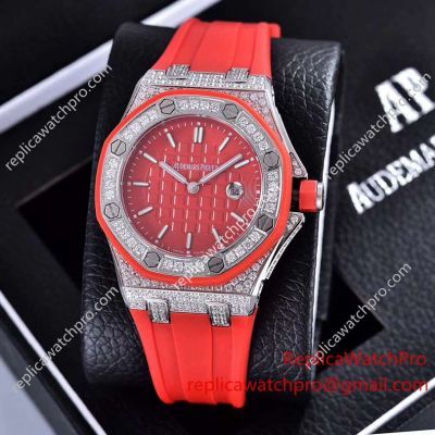 Clone Audemars Piguet Royal Oak Red Face Diamond Bezel Rubber 37mm